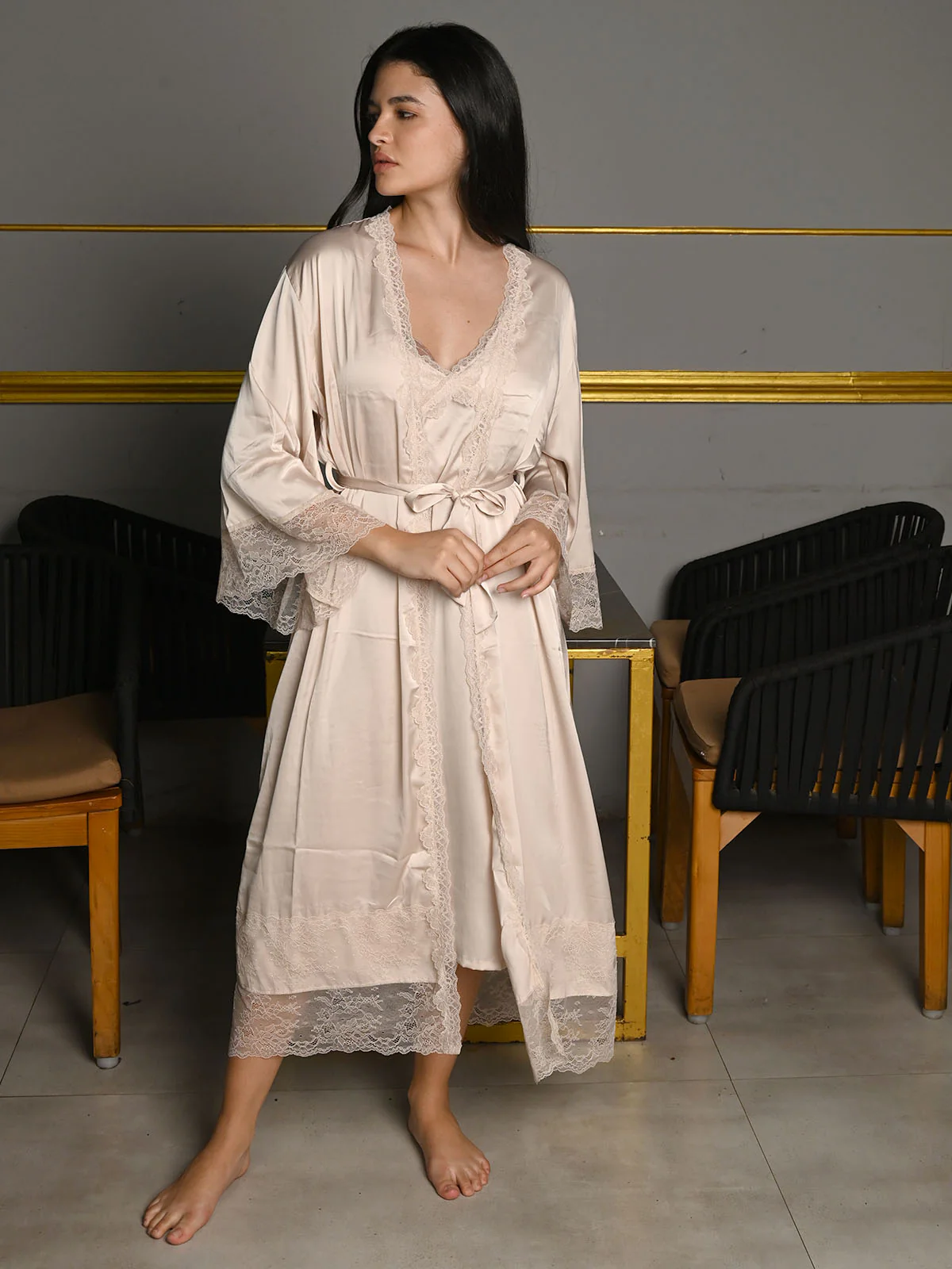 Odette Beige Satin Solid Two Piece Night Wear Set For Women - Image 2