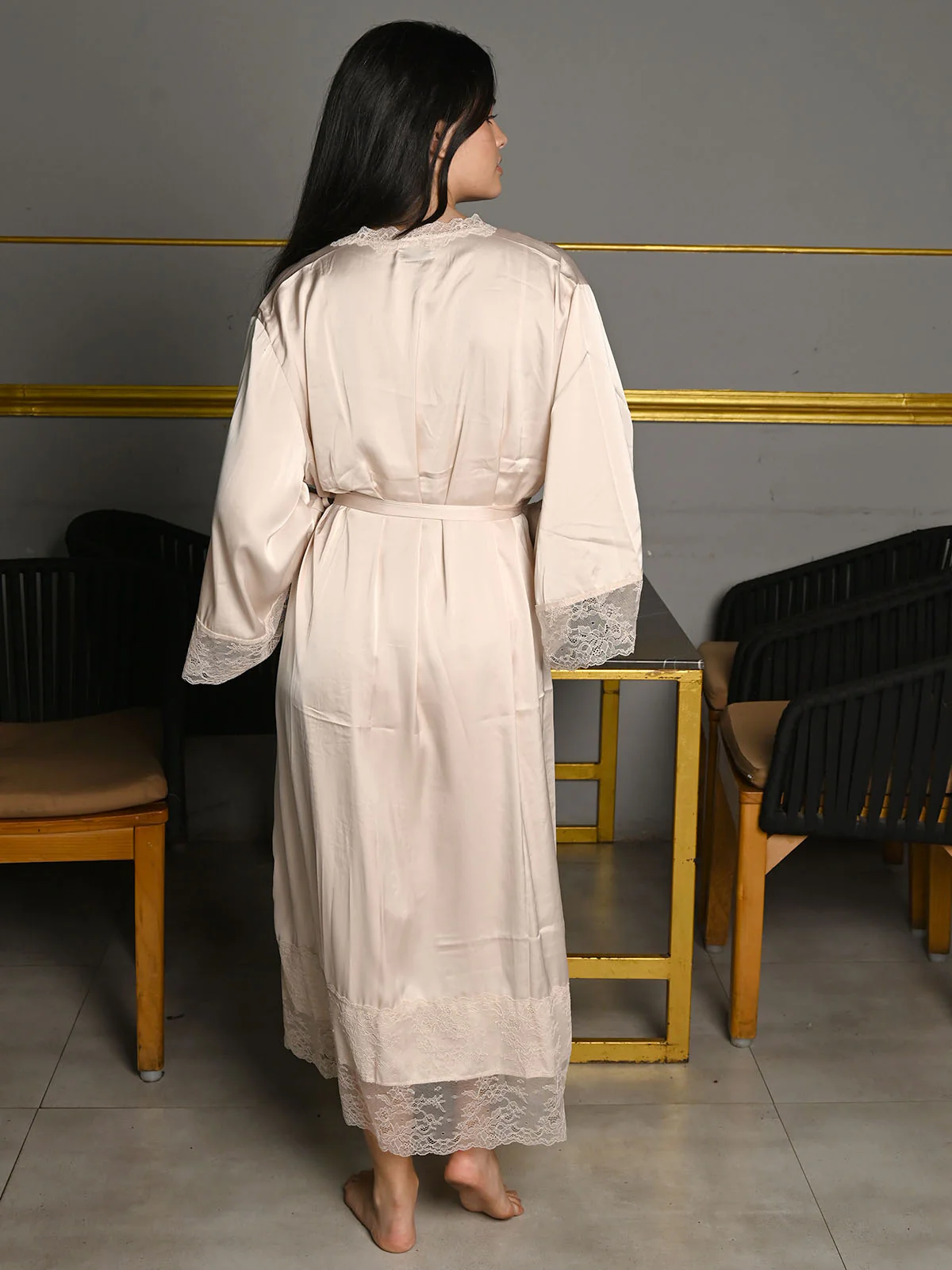 Odette Beige Satin Solid Two Piece Night Wear Set For Women - Image 4