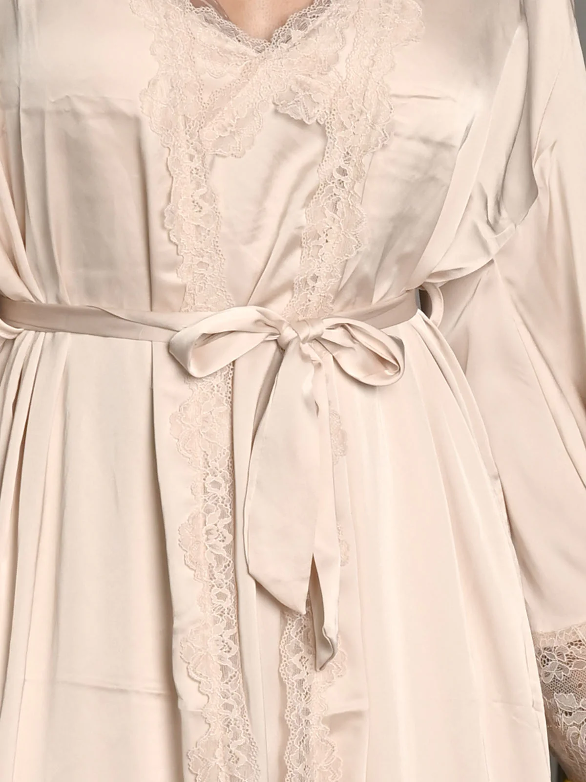 Odette Beige Satin Solid Two Piece Night Wear Set For Women - Image 6