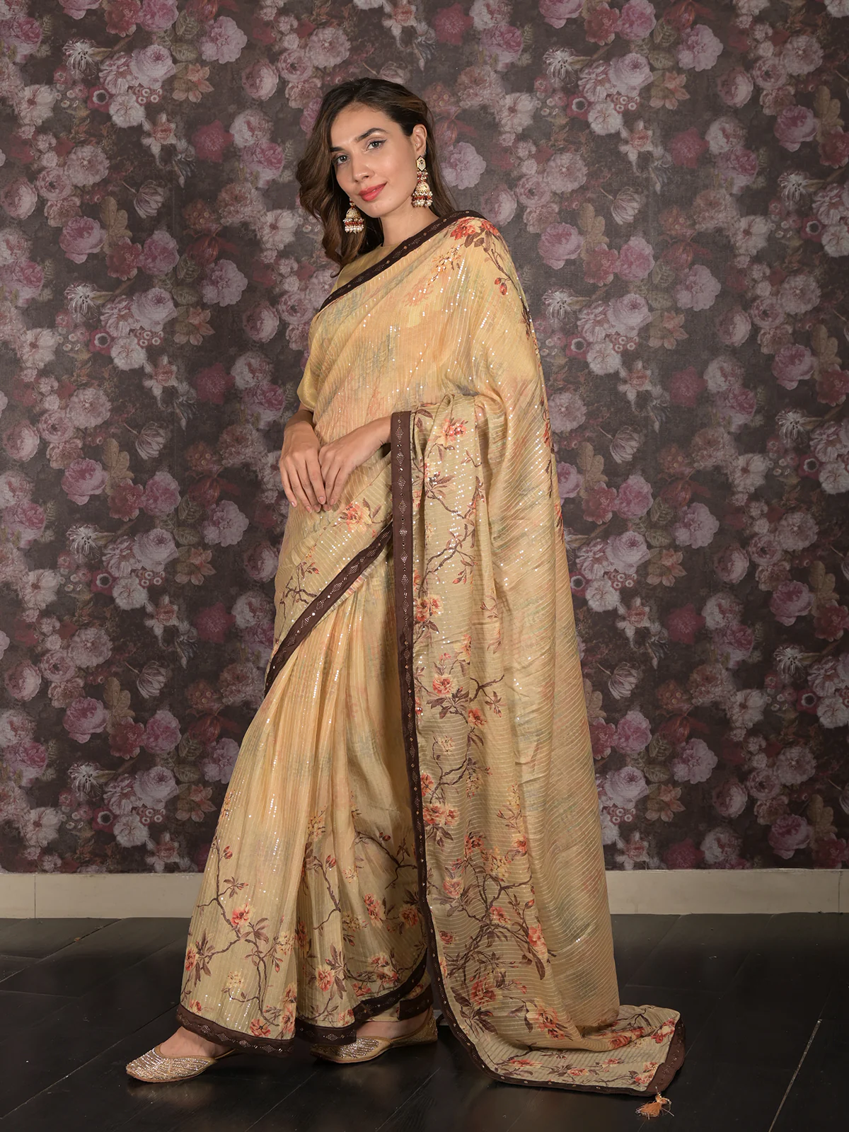 Odette Beige Sequins Embroidered Crepe Saree with Unstitched Blouse for Women - Image 2