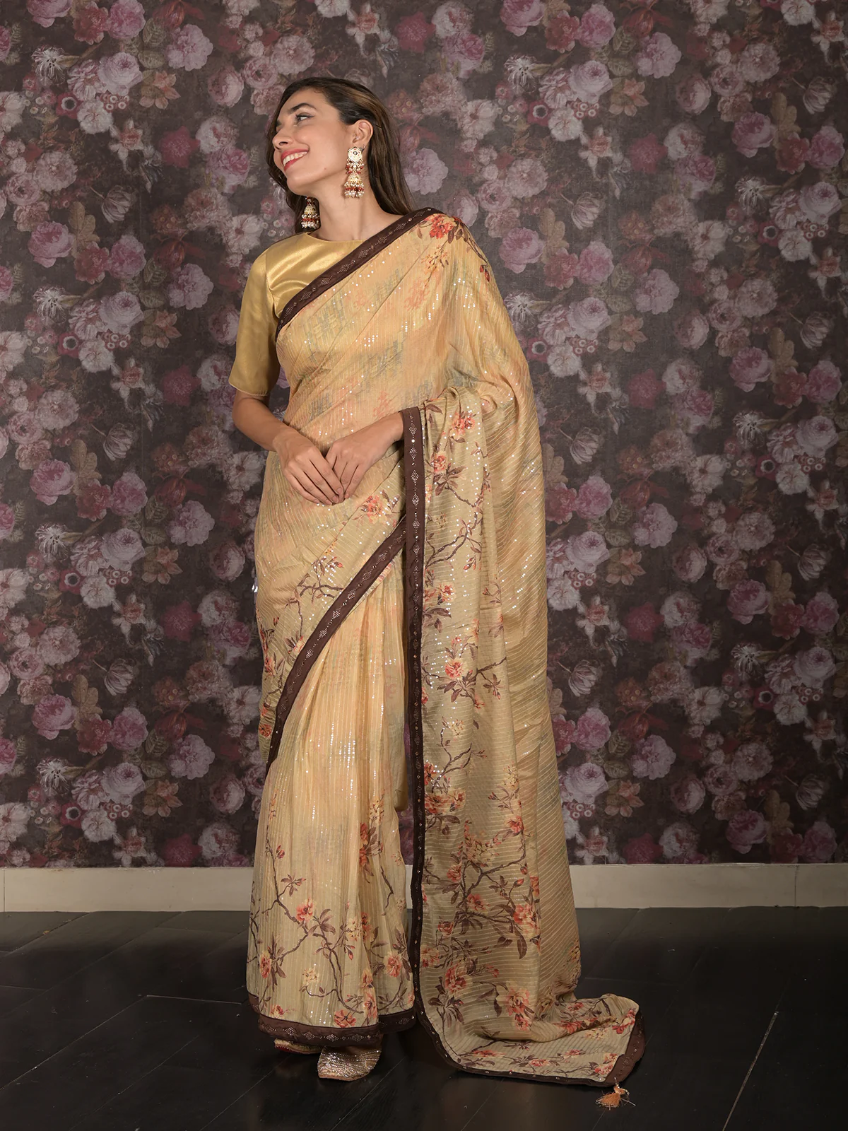 Odette Beige Sequins Embroidered Crepe Saree with Unstitched Blouse for Women - Image 3