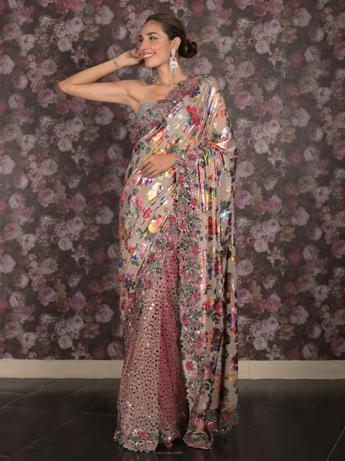 Odette Beige Shimmer Floral Printed Embellished Lycra Saree with Unstitched Blouse for Women - Image 2