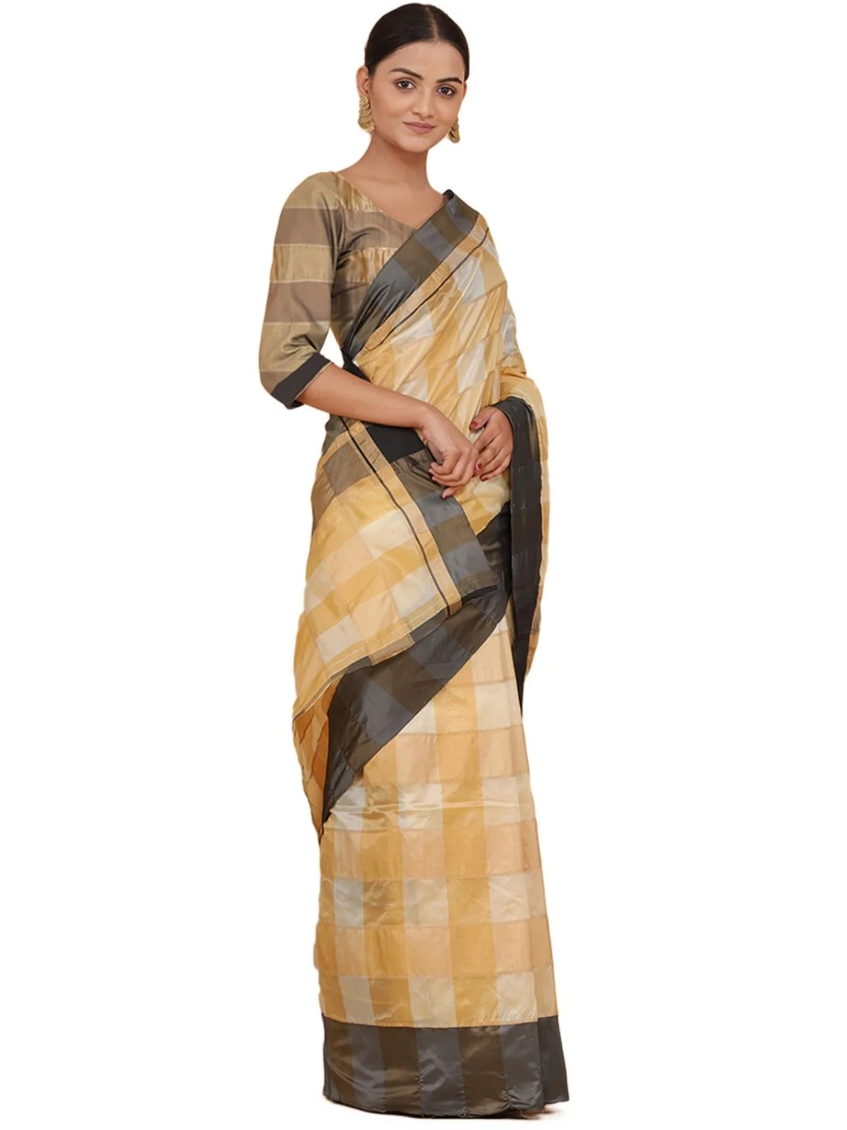 Odette Beige Silk Blend Checked Saree For Women - Image 2