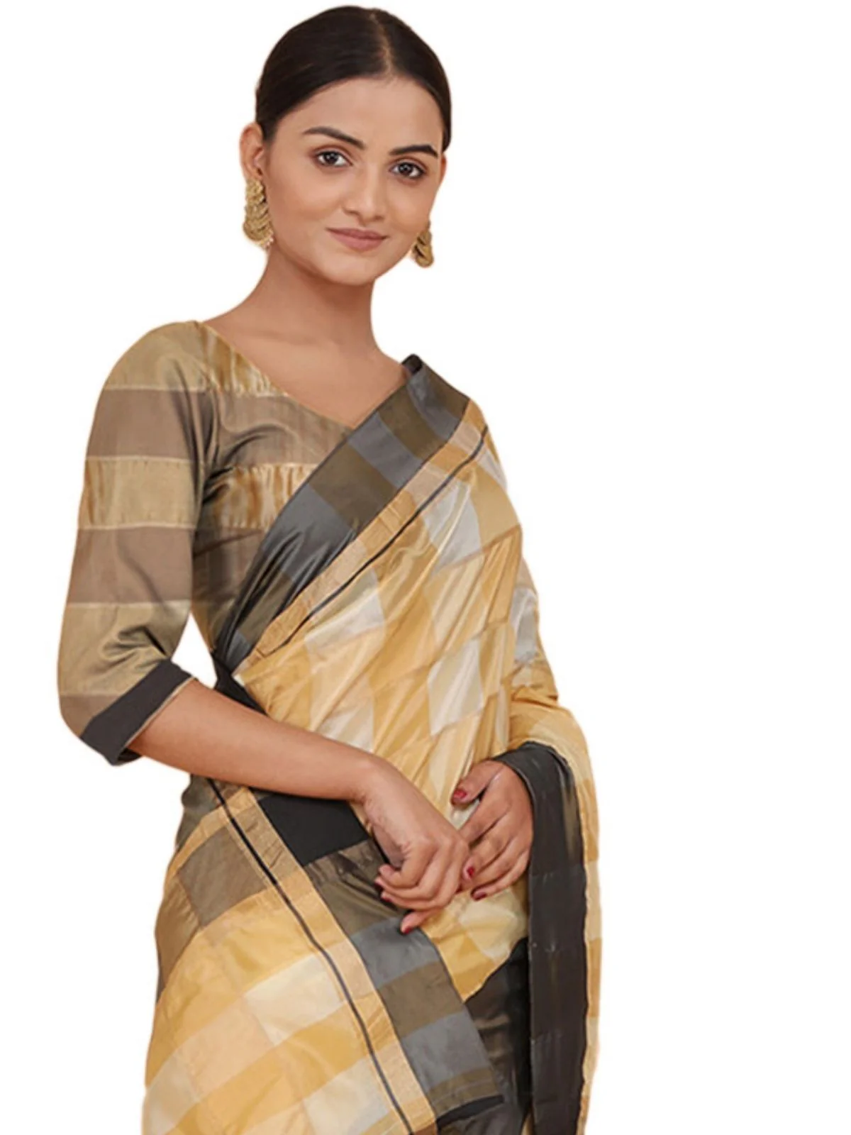 Odette Beige Silk Blend Checked Saree For Women - Image 5
