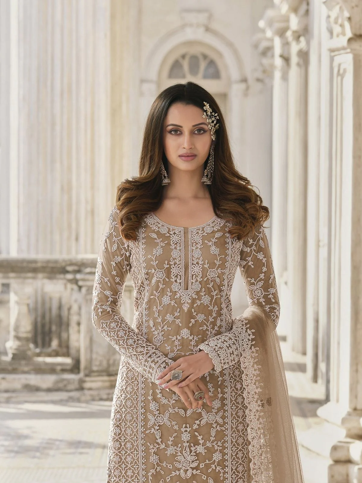 Odette Beige Silk Blend Embroidered Semi Stitched Kurta Set For Women - Image 2