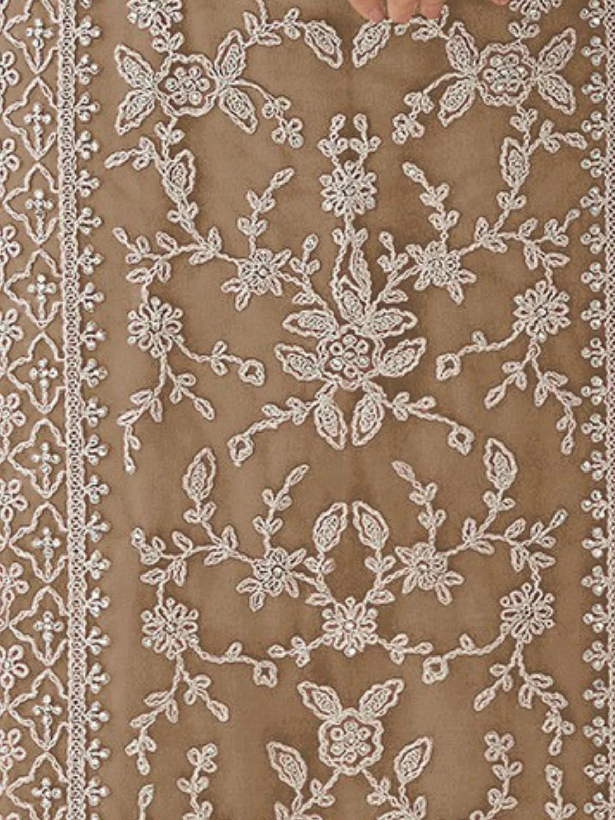 Odette Beige Silk Blend Embroidered Semi Stitched Kurta Set For Women - Image 3