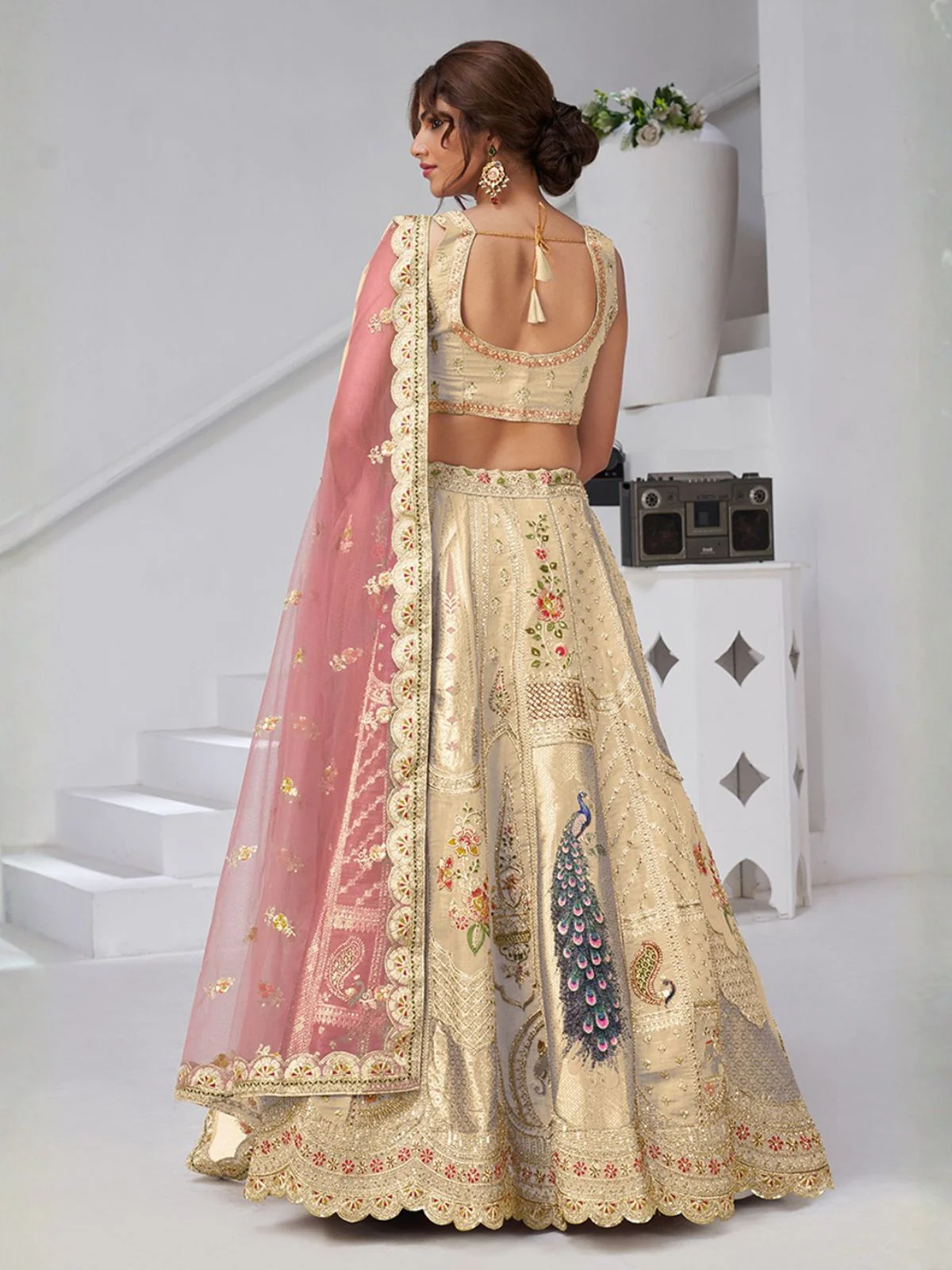 Odette Beige Silk Blend Embroidered Semi-Stitched Lehenga For Women - Image 2