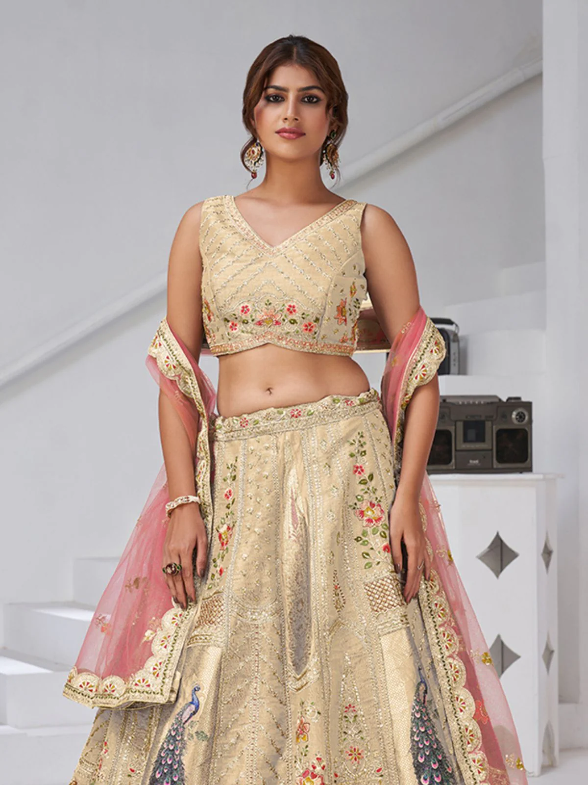 Odette Beige Silk Blend Embroidered Semi-Stitched Lehenga For Women - Image 3