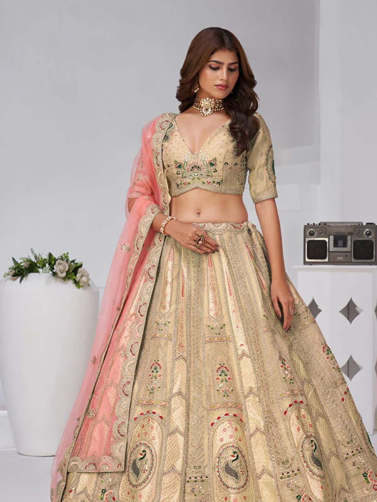 Odette Beige Silk Blend Embroidered Semi-Stitched Lehenga For Women - Image 3