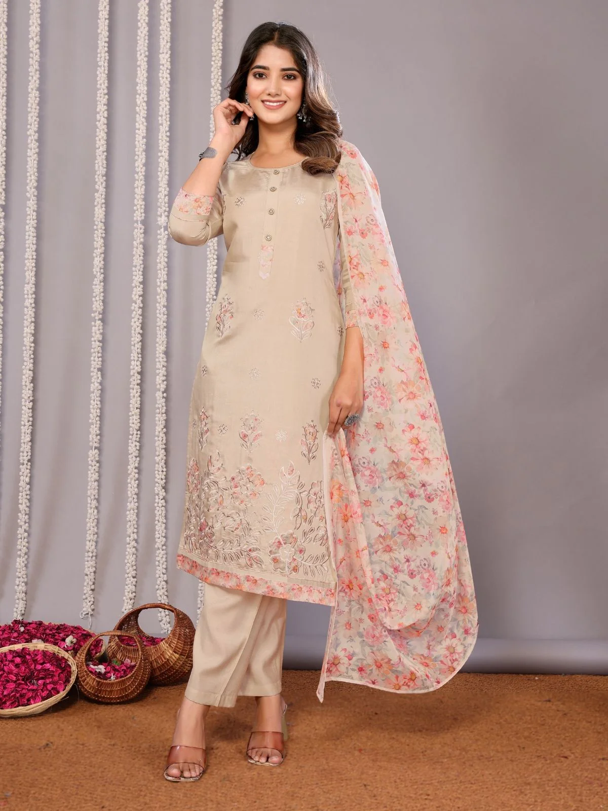 Odette Beige Silk Blend Embroidered Stiched Kurta Set For Women