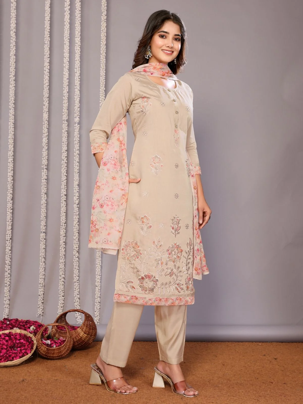 Odette Beige Silk Blend Embroidered Stiched Kurta Set For Women - Image 2