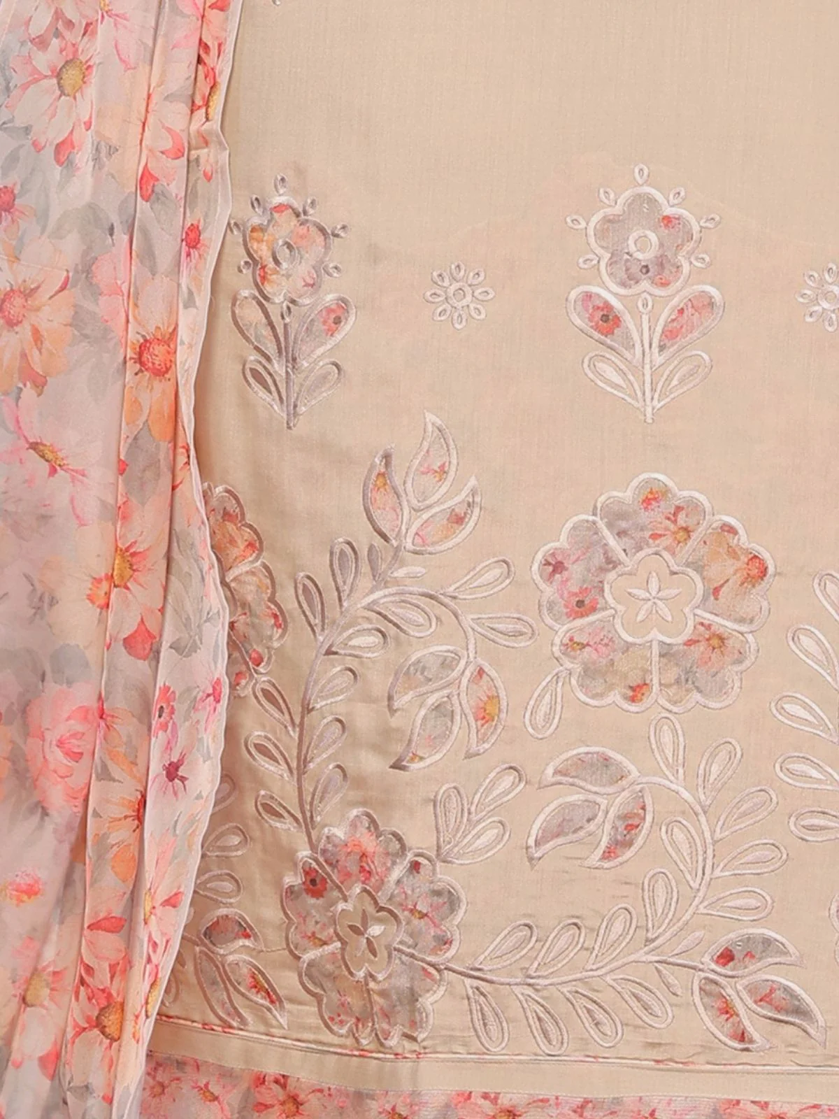 Odette Beige Silk Blend Embroidered Stiched Kurta Set For Women - Image 5
