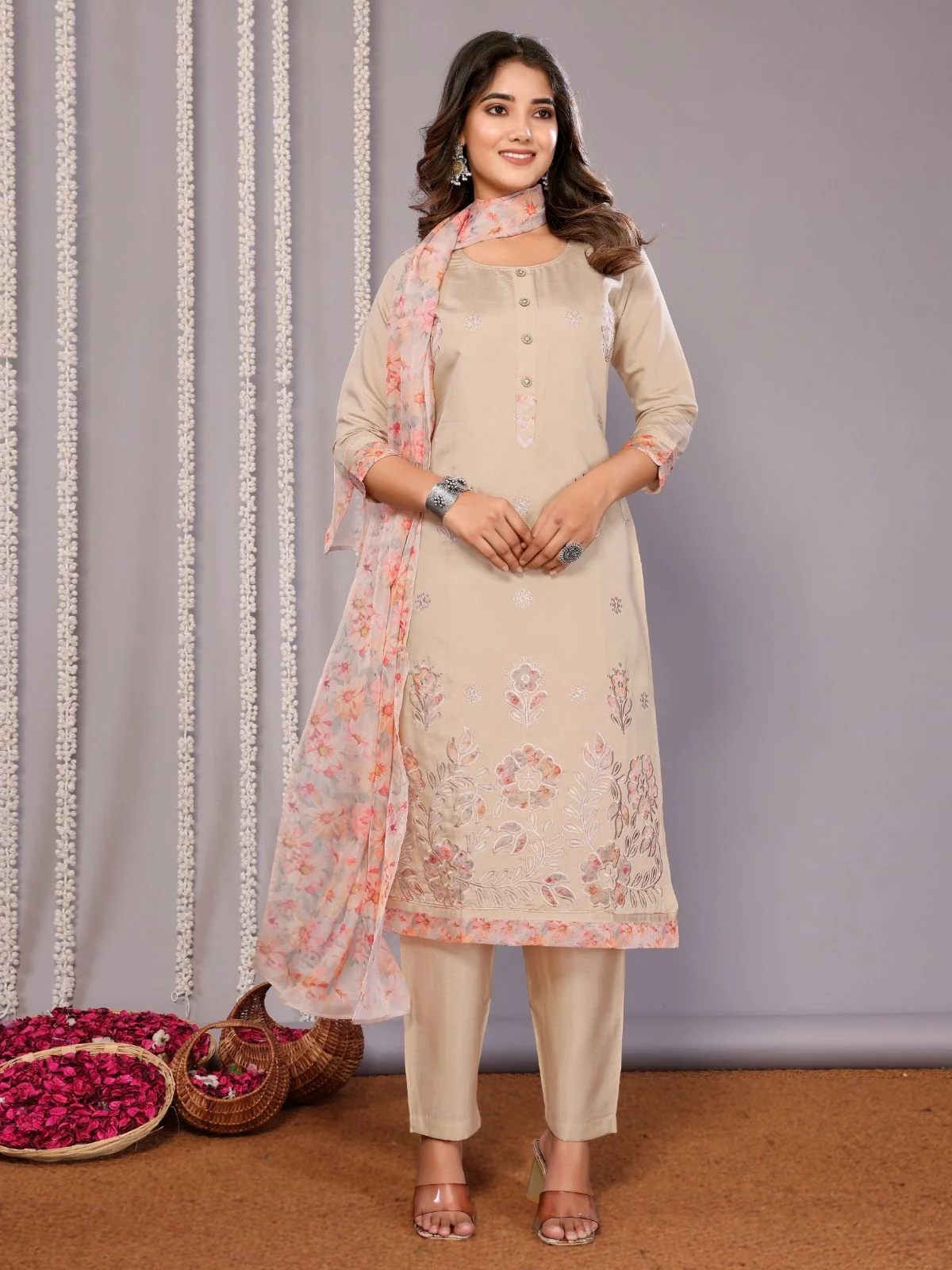 Odette Beige Silk Blend Embroidered Stiched Kurta Set For Women - Image 6