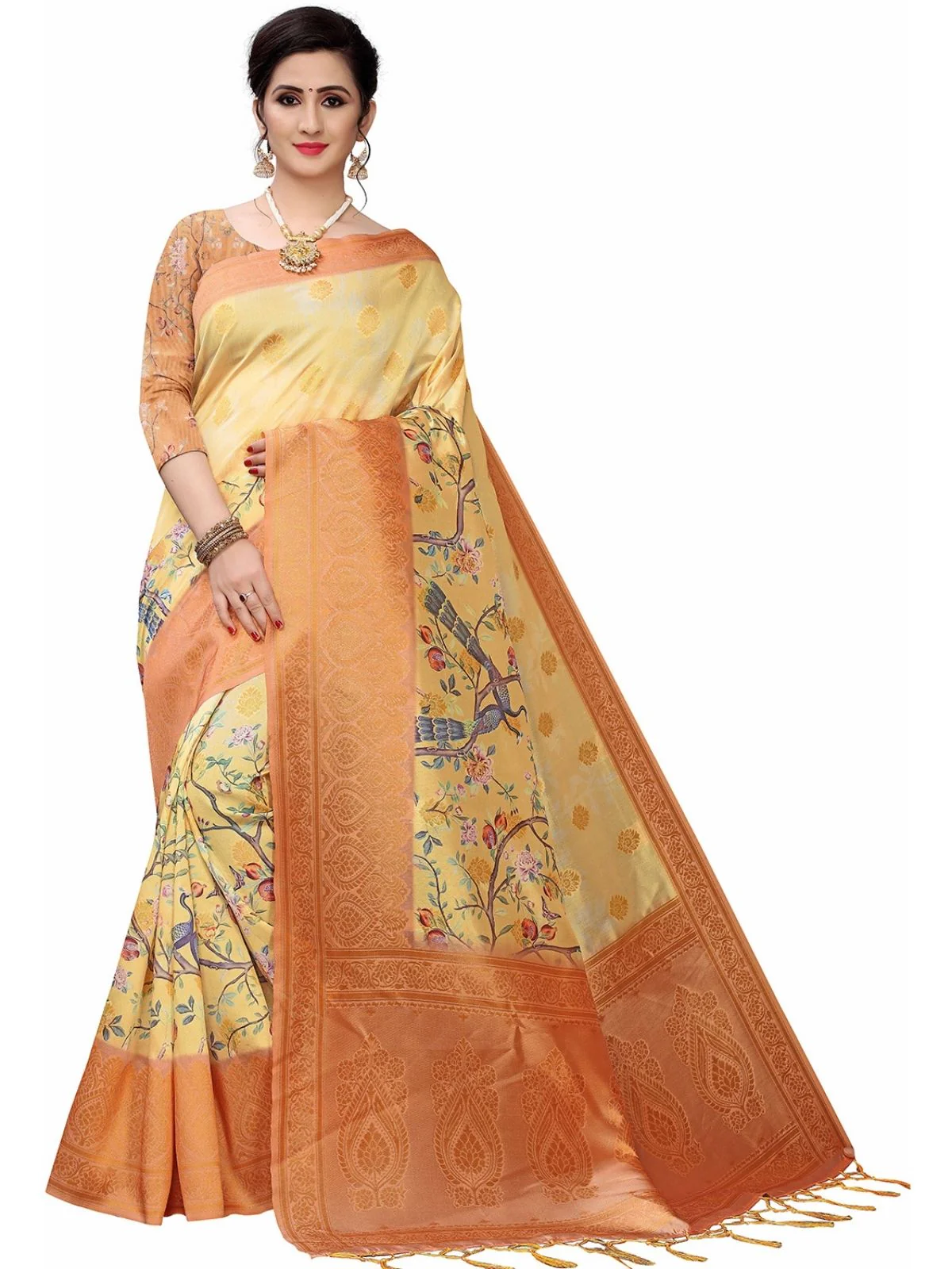 Odette Beige Silk Blend Floral Printed Saree For Women