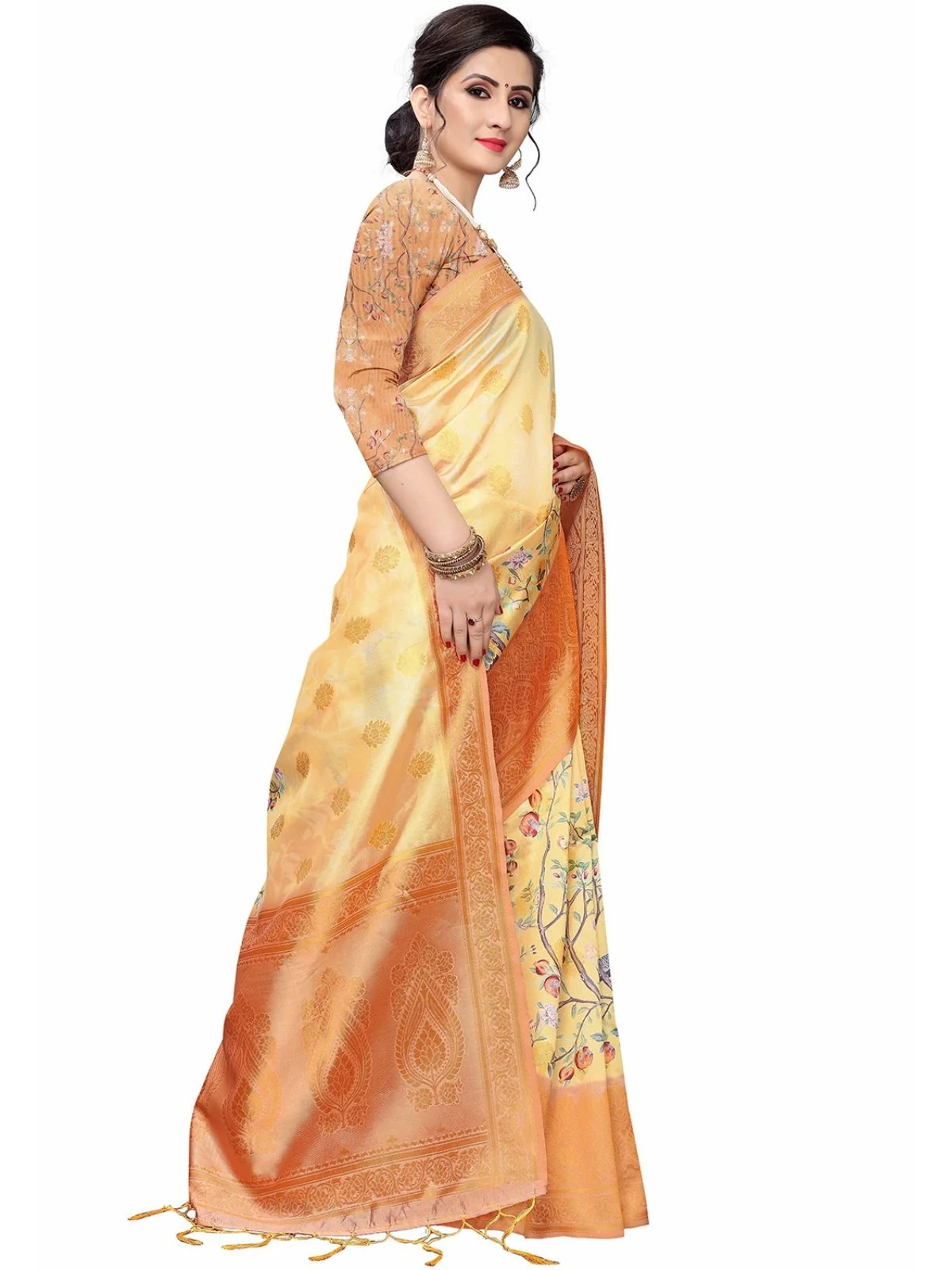 Odette Beige Silk Blend Floral Printed Saree For Women - Image 2