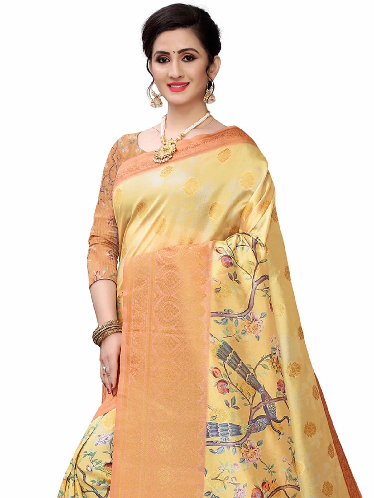Odette Beige Silk Blend Floral Printed Saree For Women - Image 4