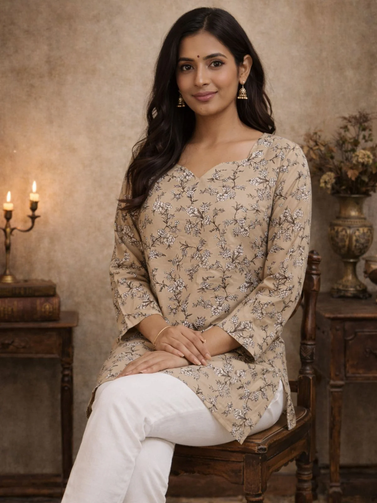 Odette Beige Silk Blend Printed Solid Kurti For Women - Image 2