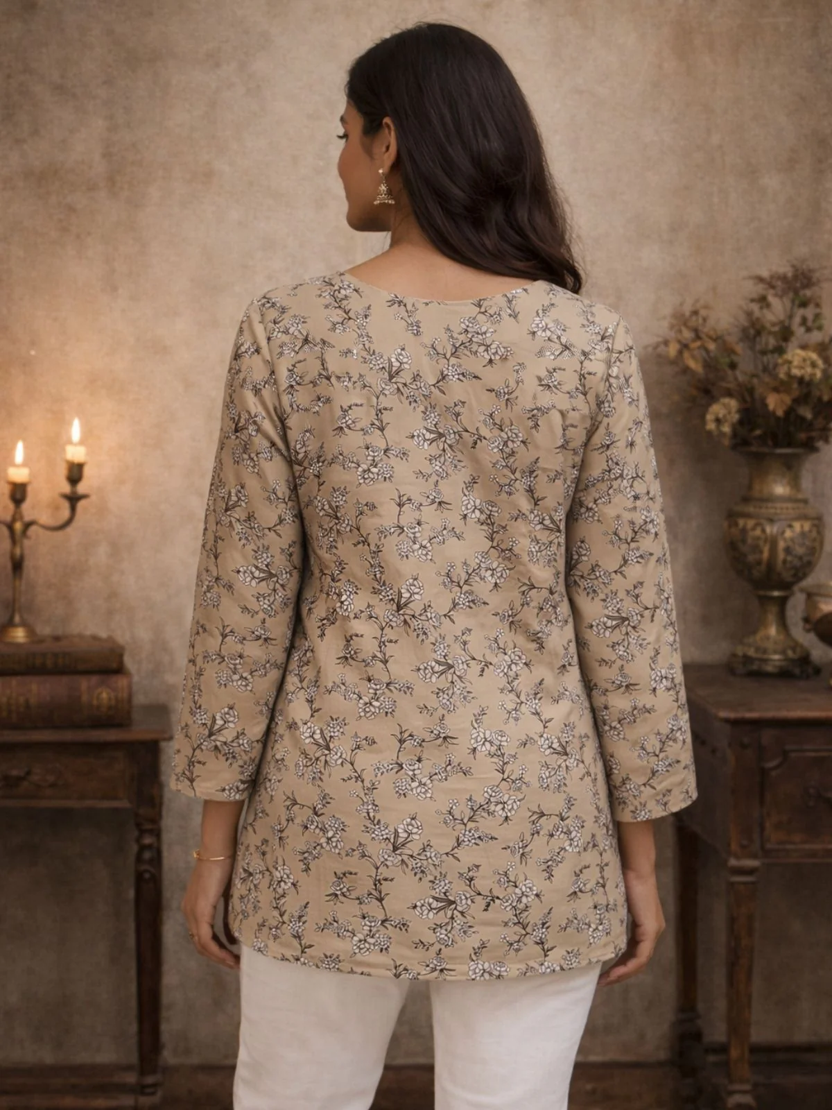 Odette Beige Silk Blend Printed Solid Kurti For Women - Image 3
