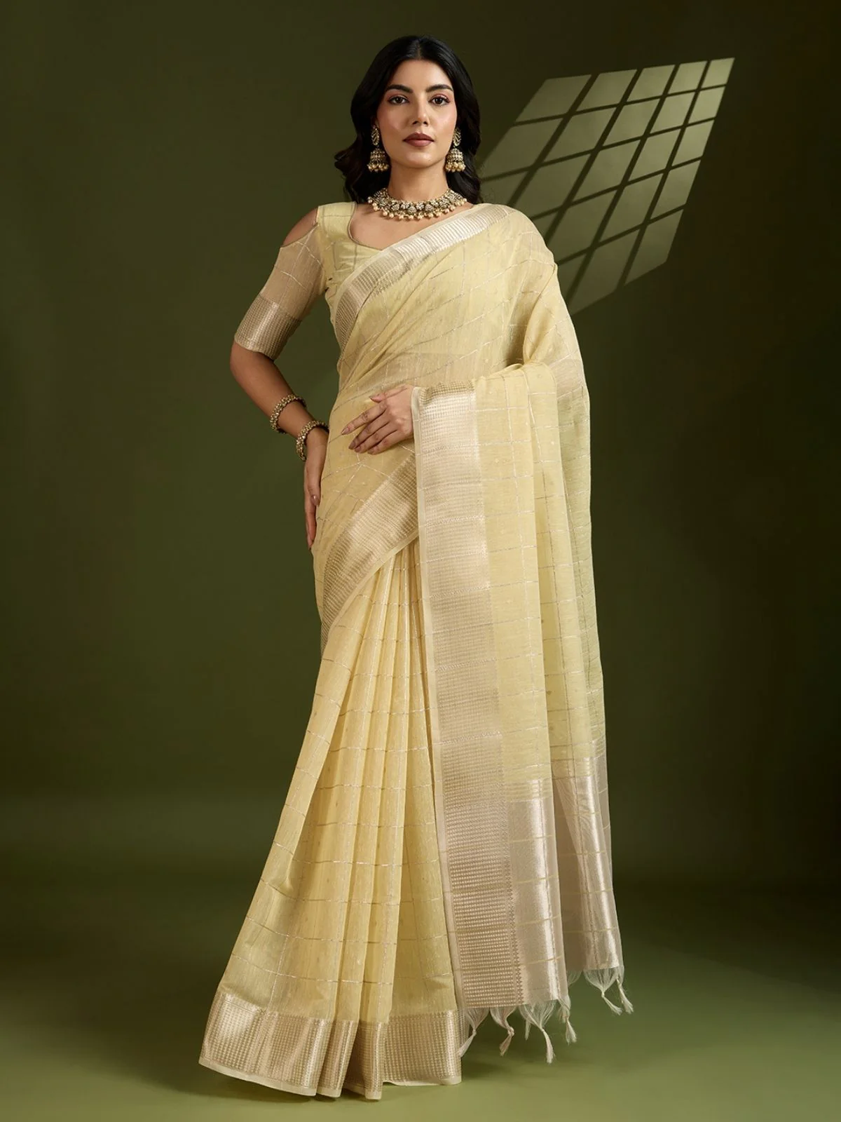 Odette Beige Silk Blend Woven Checked Saree For Women