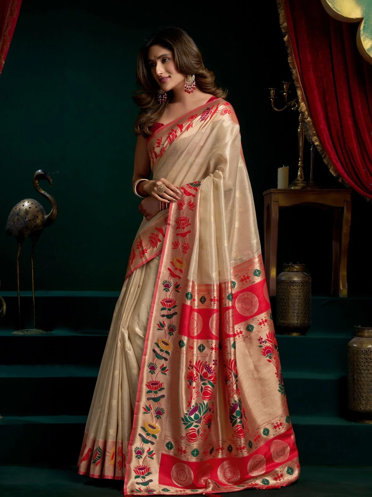 Odette Beige Silk Blend Woven Saree For Women - Image 2