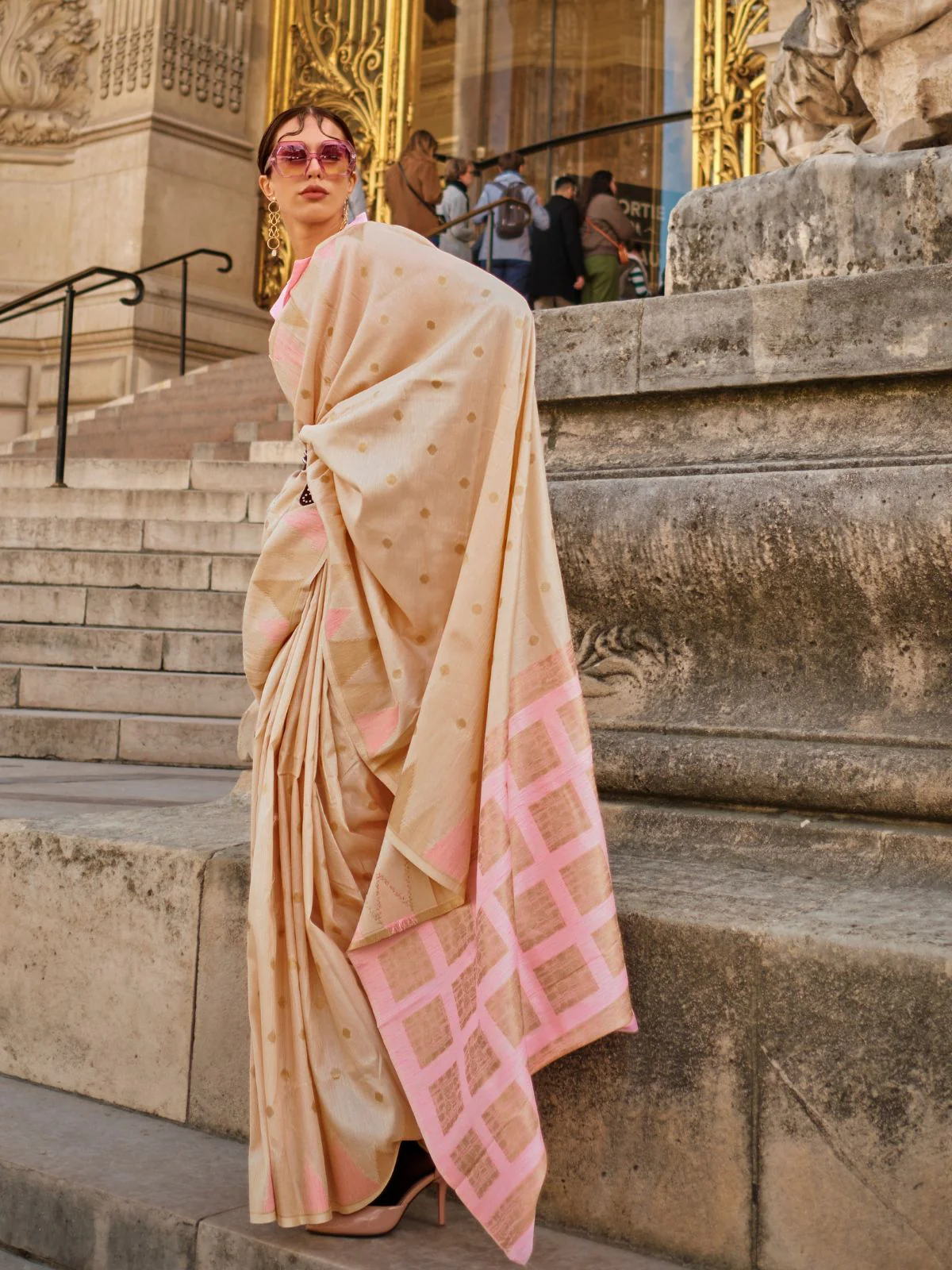 Odette Beige Silk Blend Woven Saree With Unstitched Blouse For Women