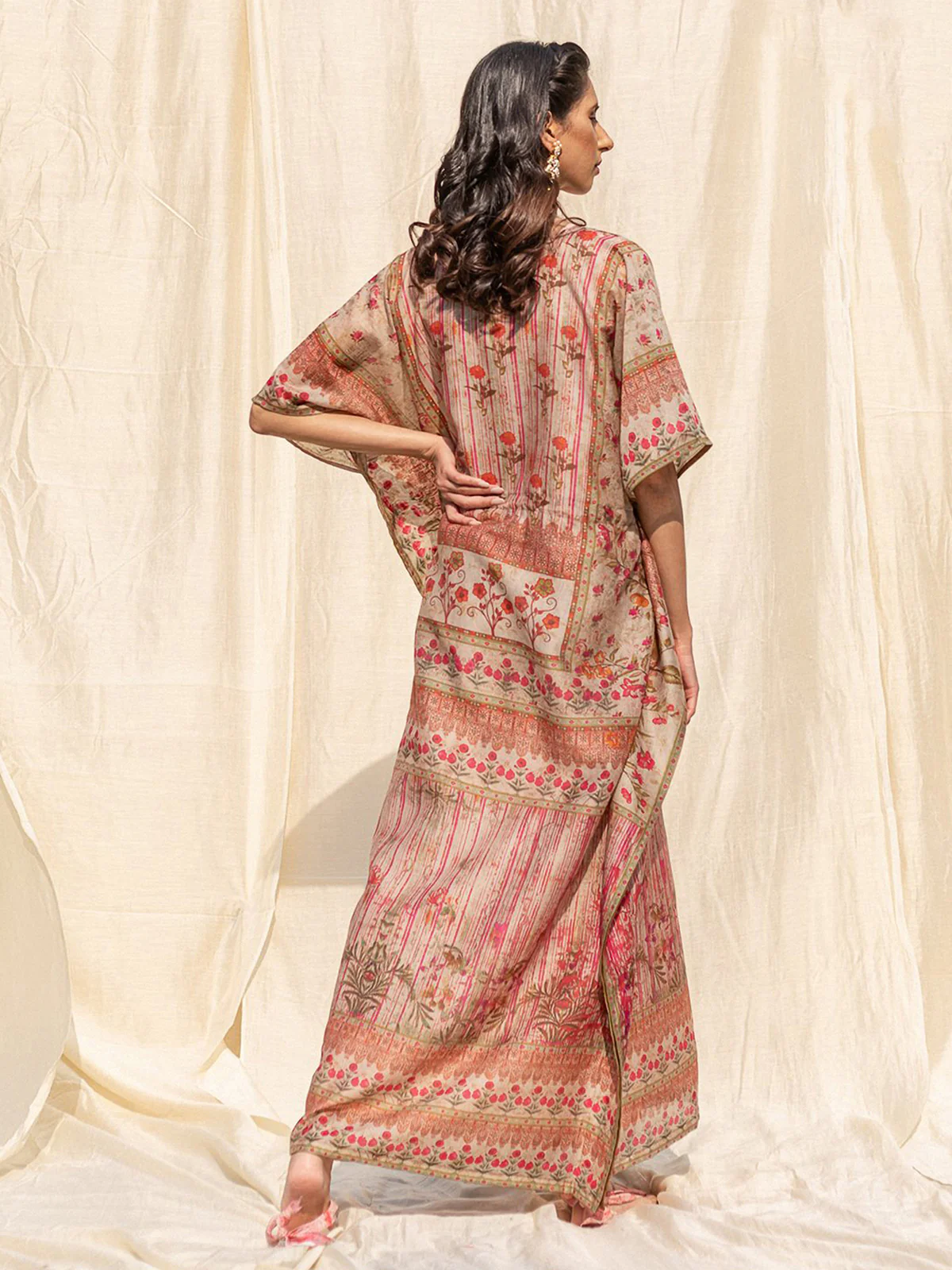 Odette Beige Silk Printed Stitched Indo Western Kaftan For Women - Image 4