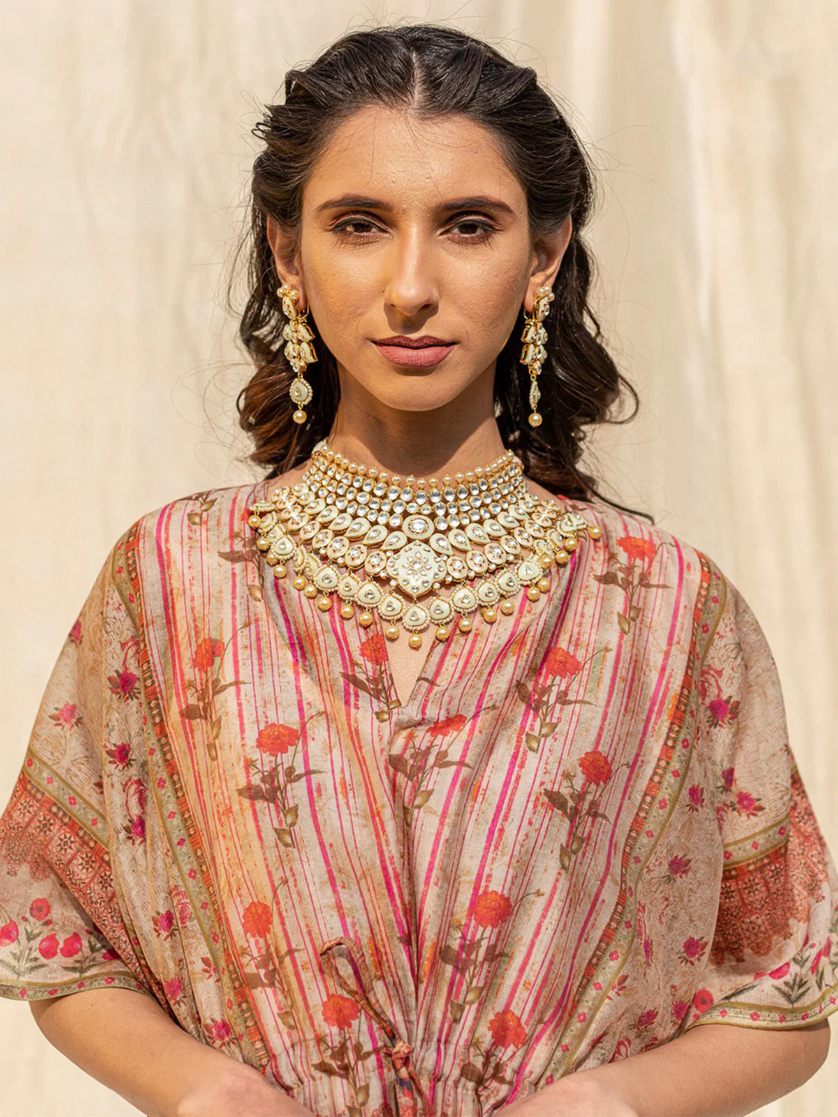 Odette Beige Silk Printed Stitched Indo Western Kaftan For Women - Image 5