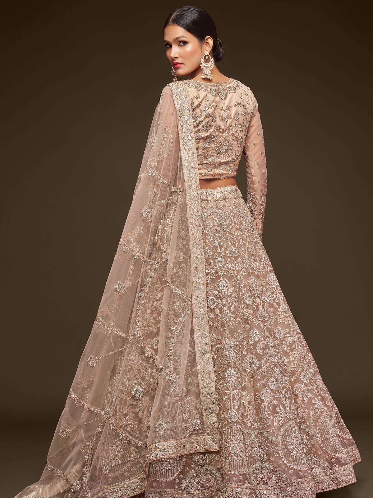 Odette Beige Soft Net Embellished Semi Stitched Lehenga With Unstitched Blouse For Women - Image 2