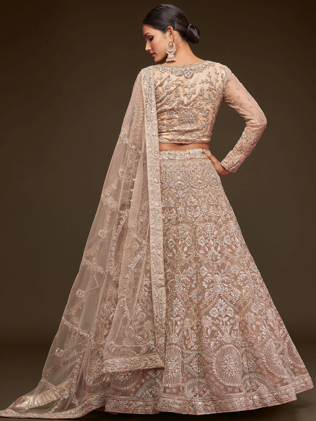 Odette Beige Soft Net Embellished Semi Stitched Lehenga With Unstitched Blouse For Women - Image 3