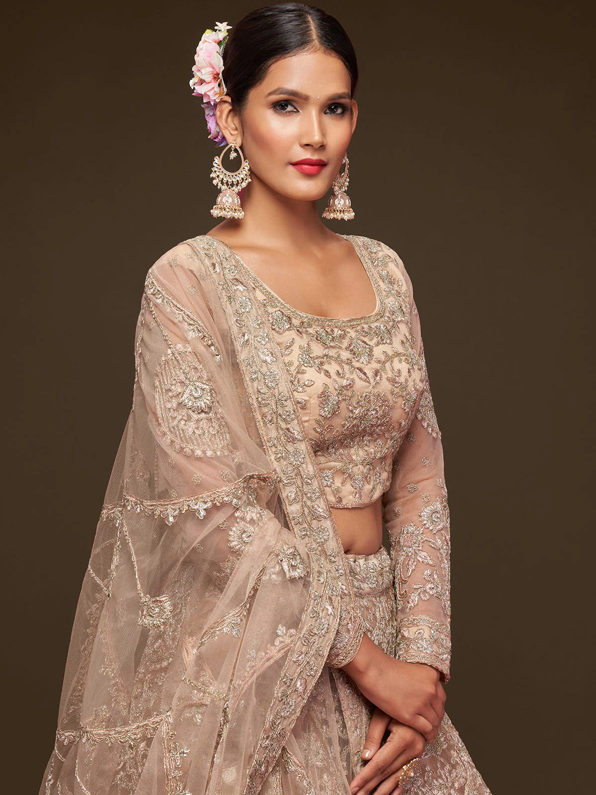 Odette Beige Soft Net Embellished Semi Stitched Lehenga With Unstitched Blouse For Women - Image 4