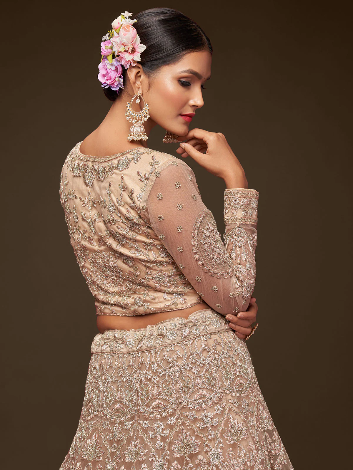 Odette Beige Soft Net Embellished Semi Stitched Lehenga With Unstitched Blouse For Women - Image 5
