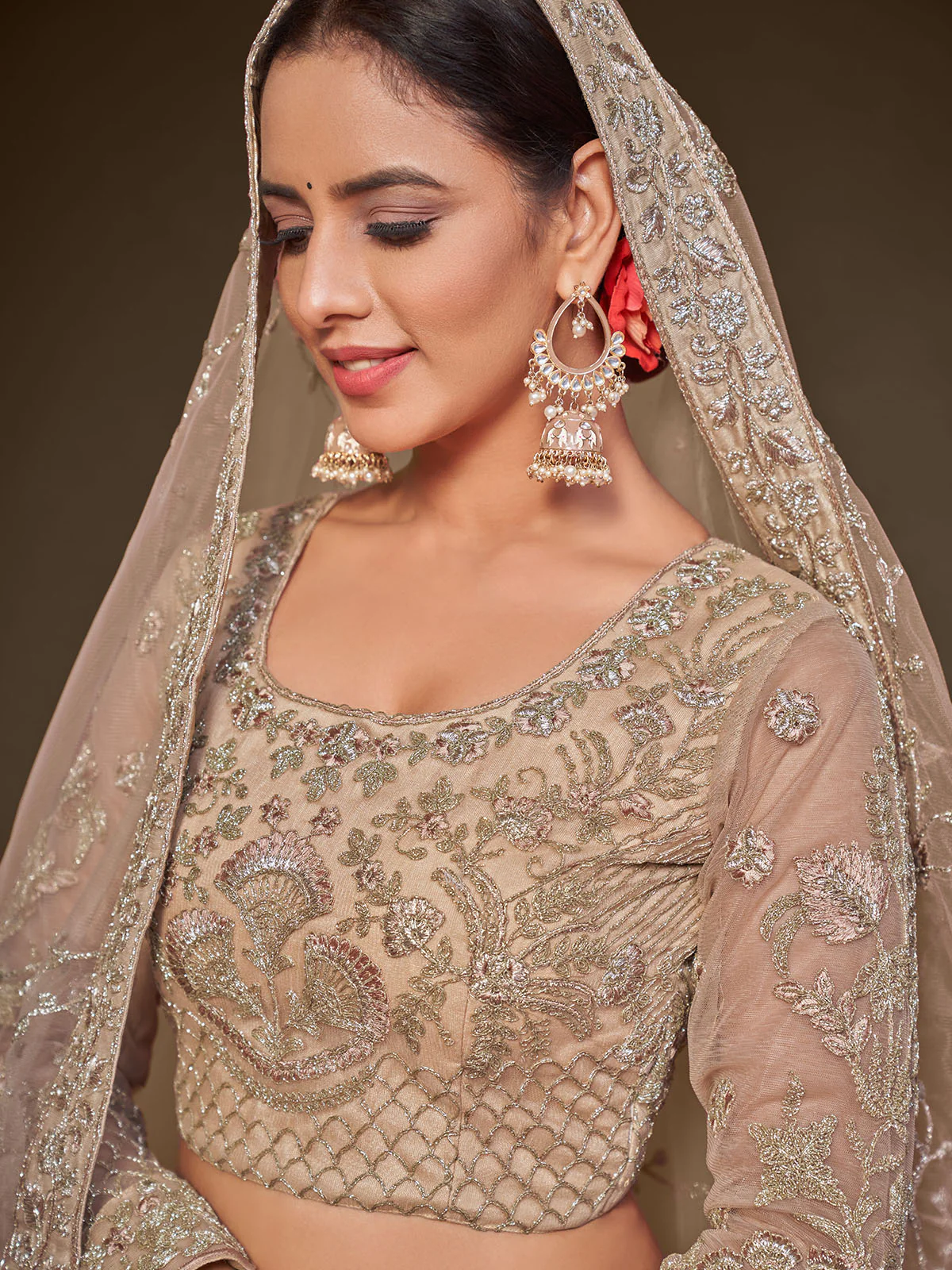 Odette Beige Soft Net Embellished Semi Stitched Lehenga With Unstitched Blouse For Women - Image 4