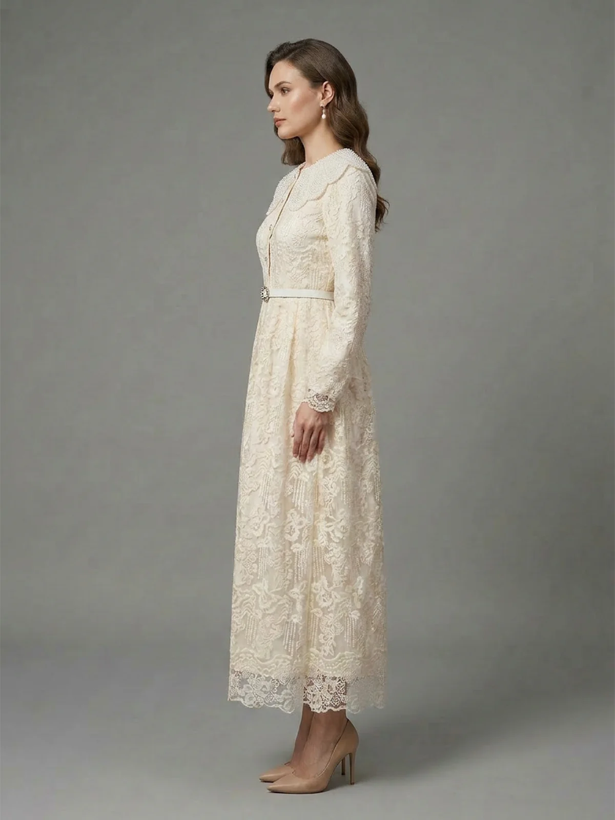 Odette Beige Soft Net Embroidered Dresses For Women - Image 2