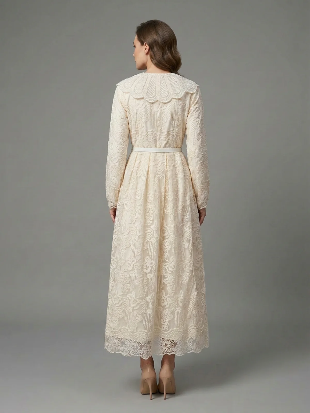 Odette Beige Soft Net Embroidered Dresses For Women - Image 3