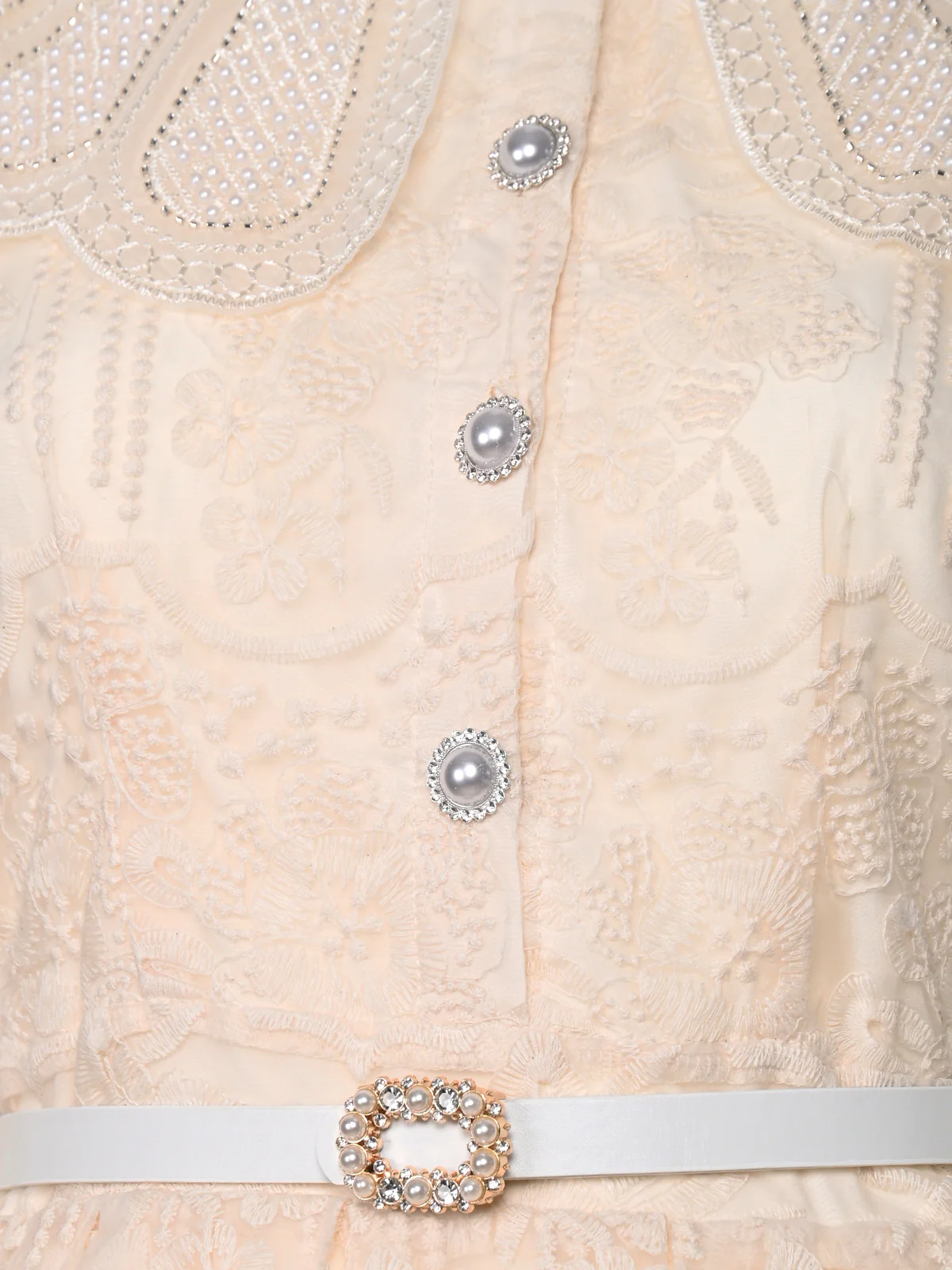 Odette Beige Soft Net Embroidered Dresses For Women - Image 4