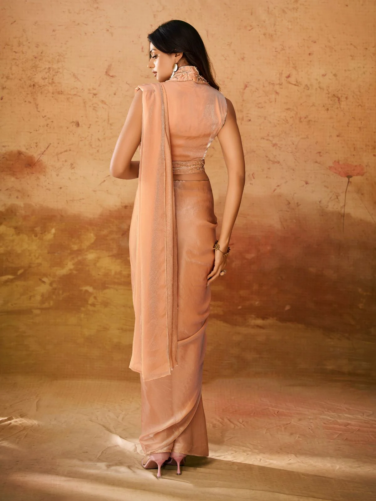 Odette Beige Solid Organza Ready To Wear Saree With Stitched Blouse For Women - Image 4
