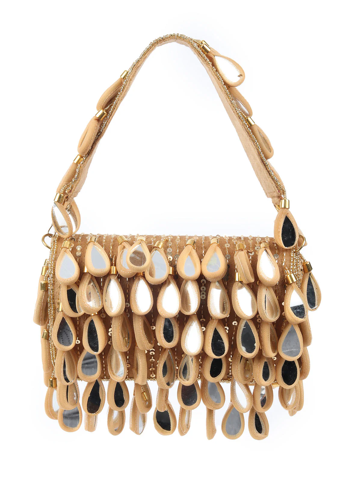 Odette Beige Suede Beads And Sequin Tasseled With Mirror Work Hand Bag For Women - Image 3
