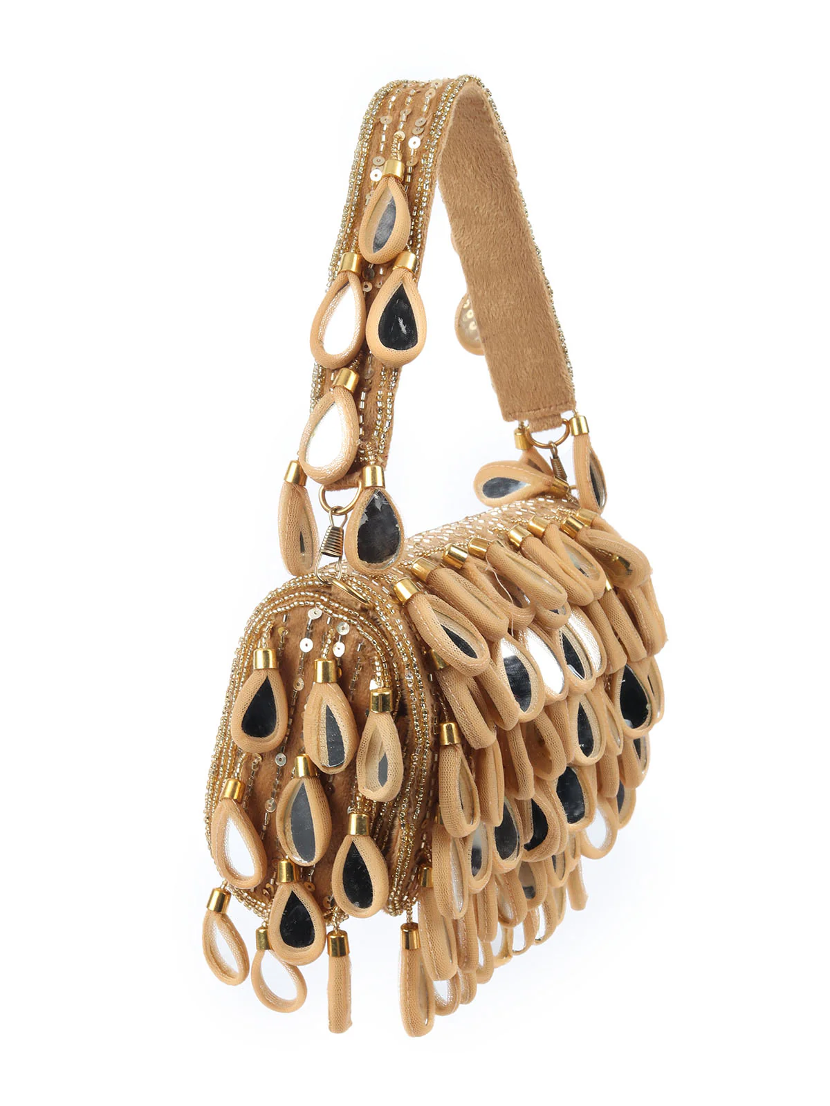 Odette Beige Suede Beads And Sequin Tasseled With Mirror Work Hand Bag For Women - Image 4