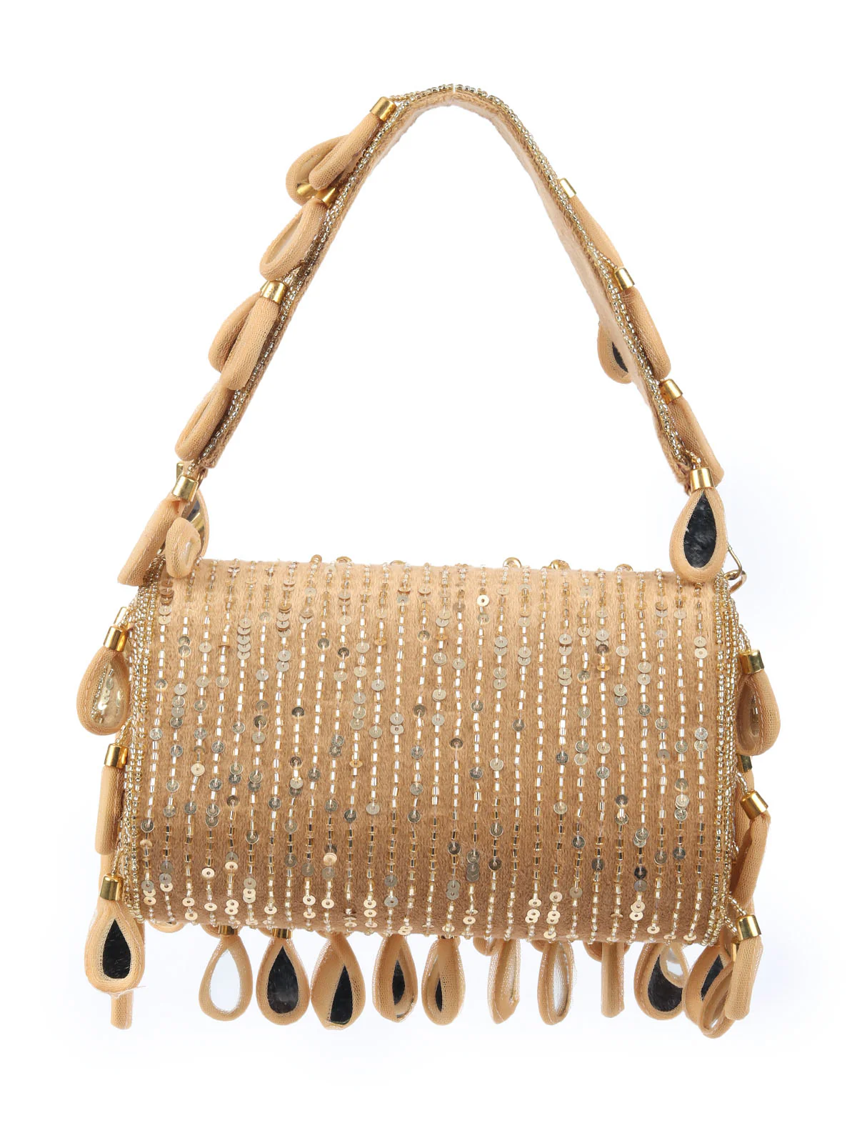 Odette Beige Suede Beads And Sequin Tasseled With Mirror Work Hand Bag For Women - Image 5
