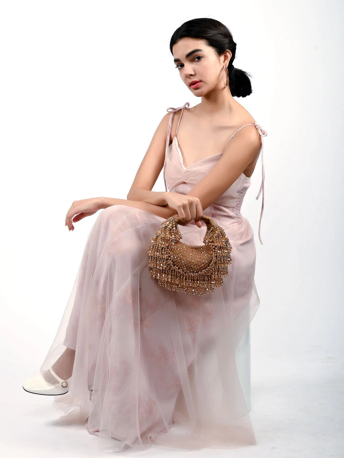 Odette Beige Suede Embellished Clutch For Women