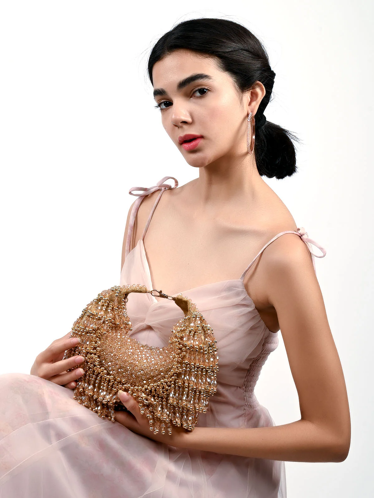 Odette Beige Suede Embellished Clutch For Women - Image 2