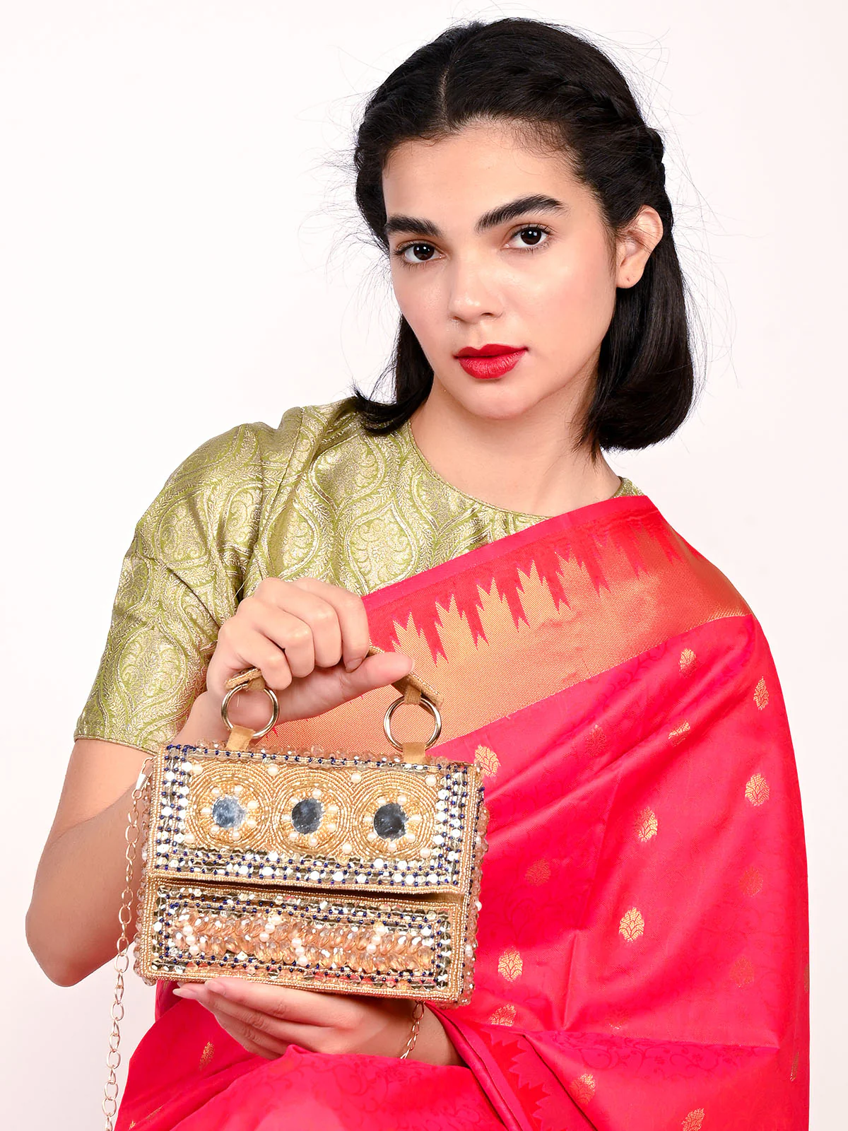 Odette Beige Suede Embellished Clutch For Women