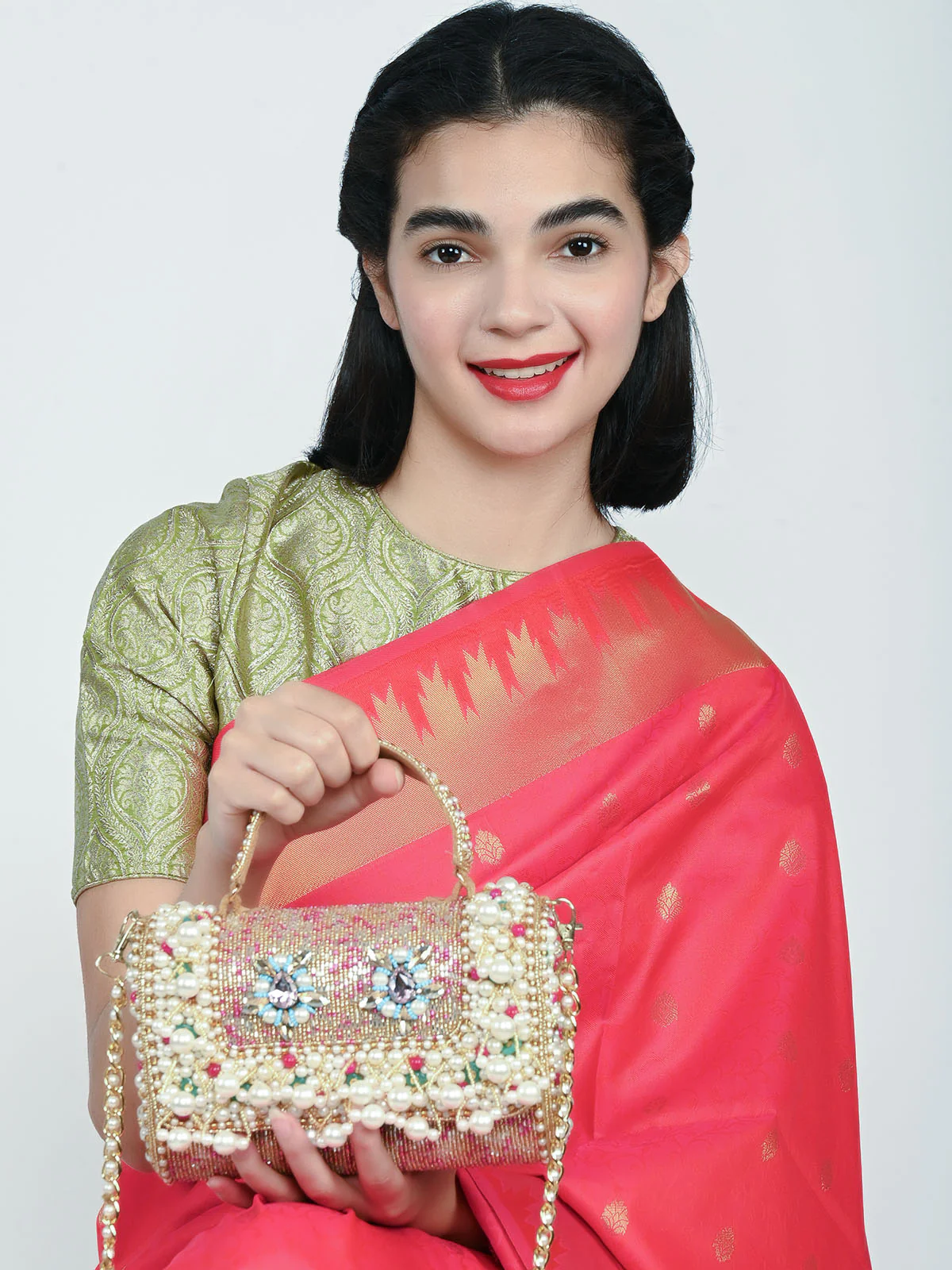 Odette Beige Suede Embellished Clutch For Women
