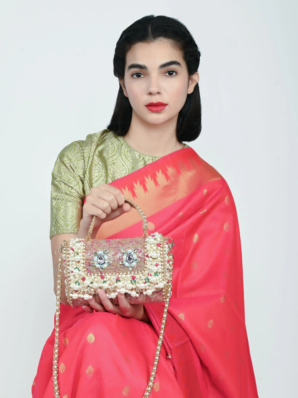 Odette Beige Suede Embellished Clutch For Women - Image 2