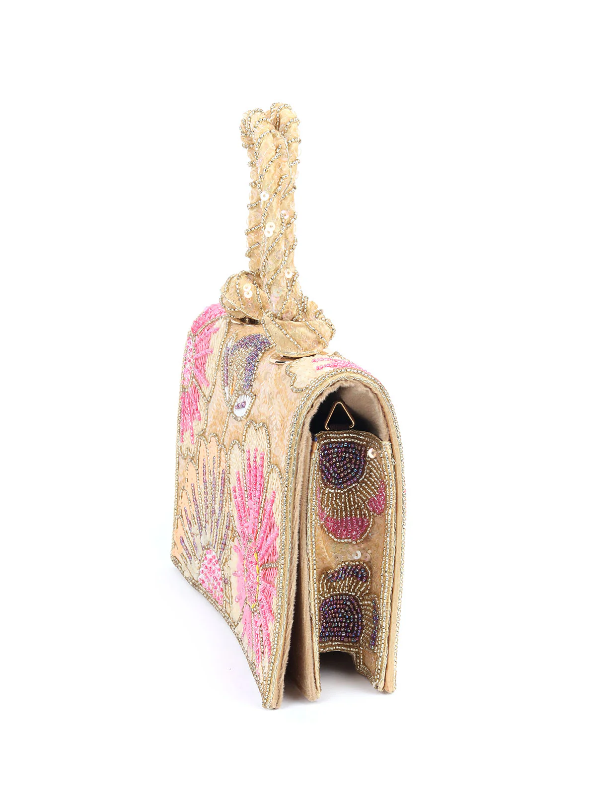 Odette Beige Suede Embellished Clutch For Women - Image 4