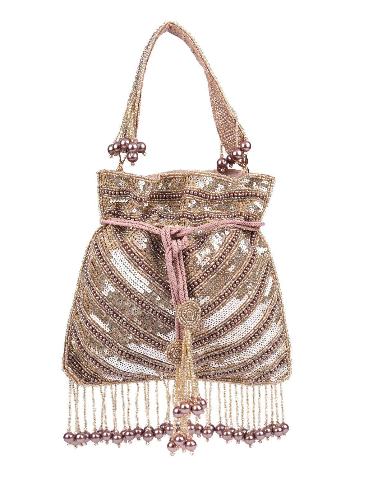Odette Beige Suede Embellished Potli For Women - Image 3