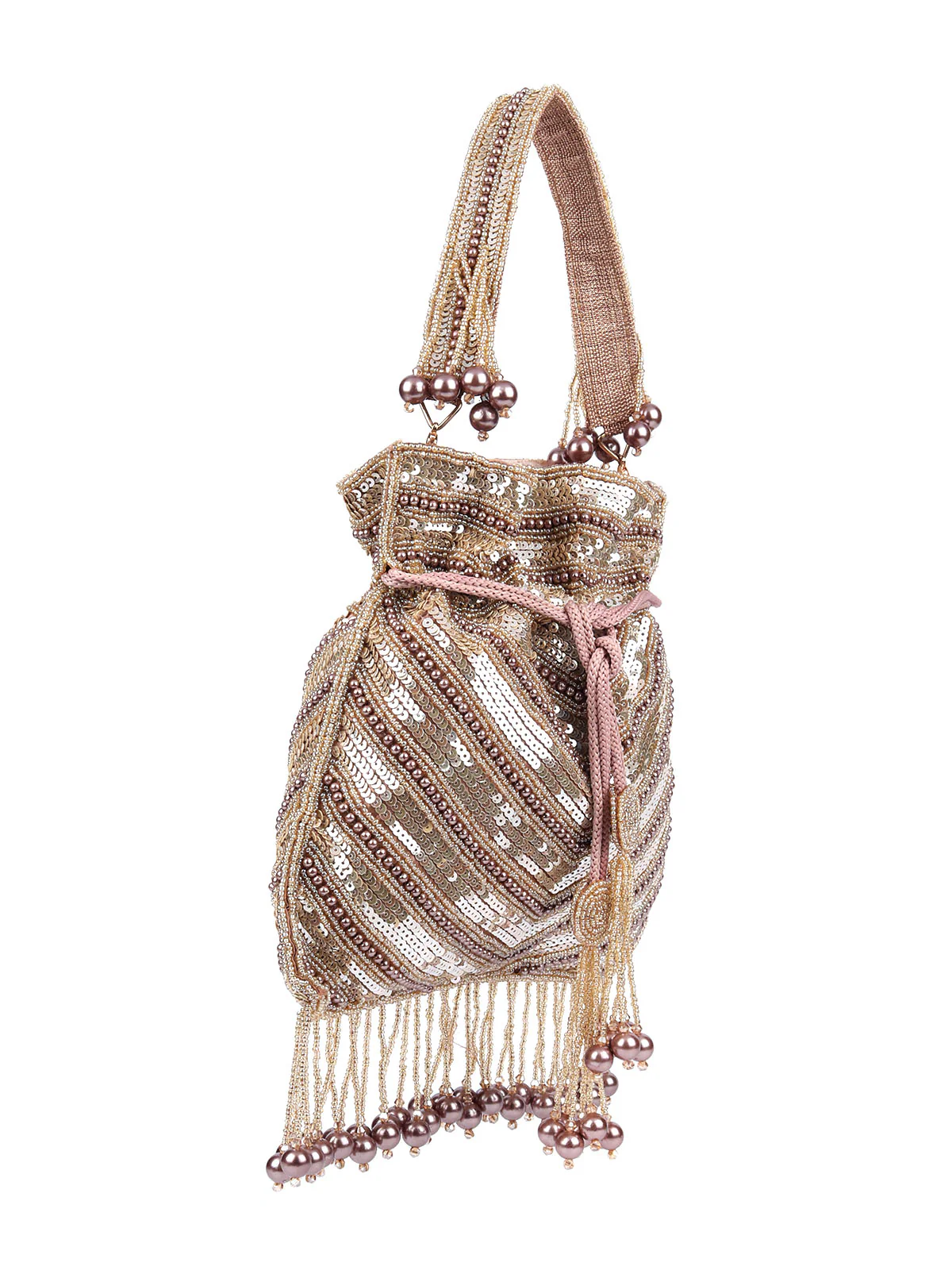 Odette Beige Suede Embellished Potli For Women - Image 4