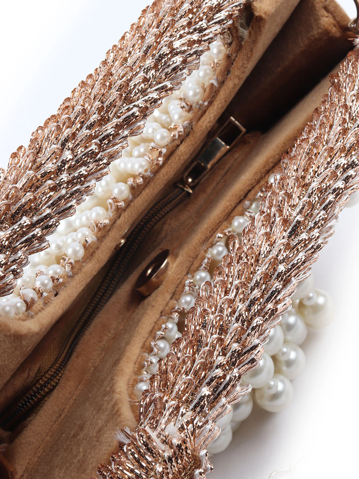 Odette Beige Suede Embellished Potli For Women - Image 6