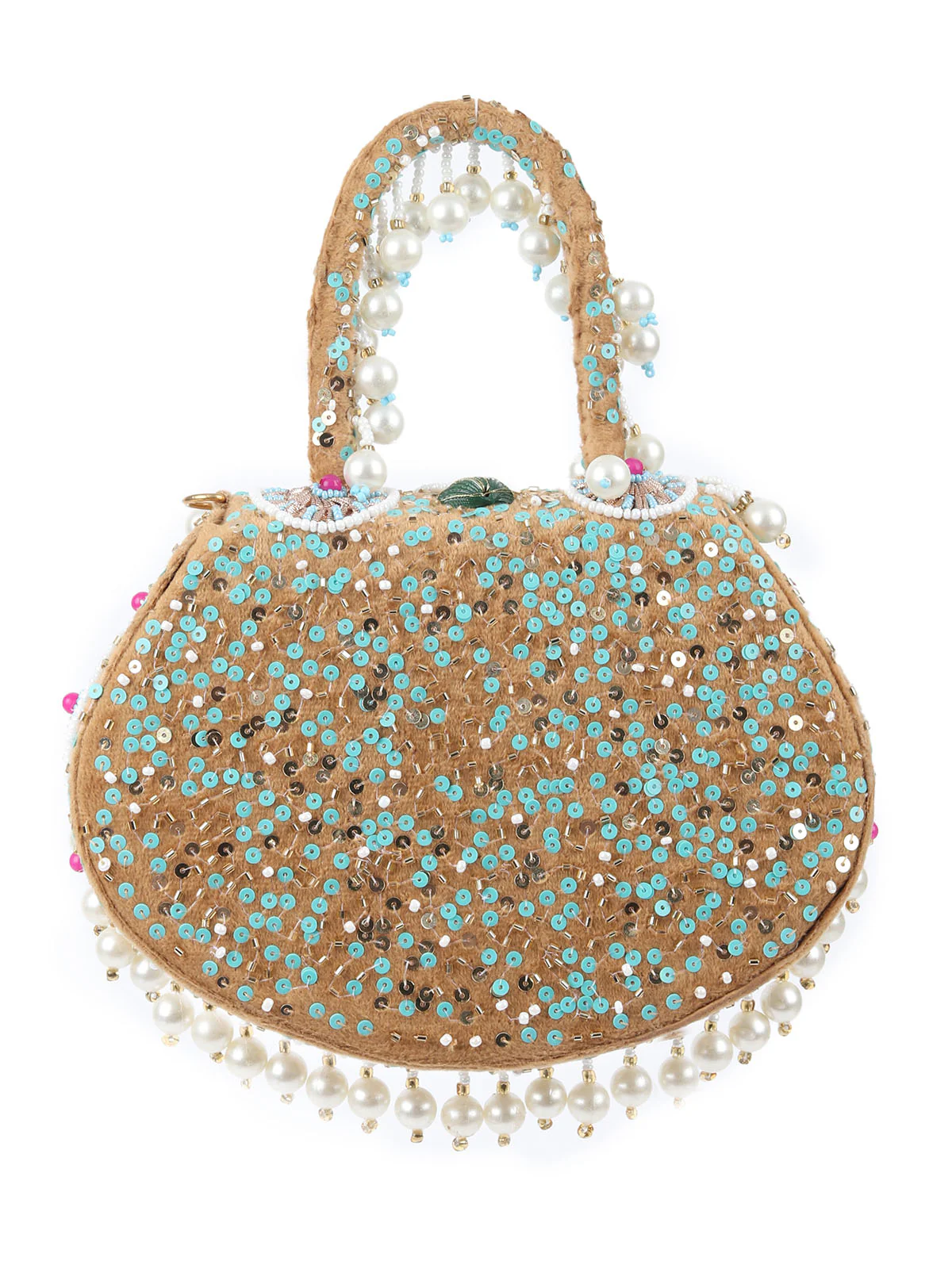 Odette Beige Suede With Cutdana, Beads And Shell Work Boho Tassels Hand Bag For Women - Image 4