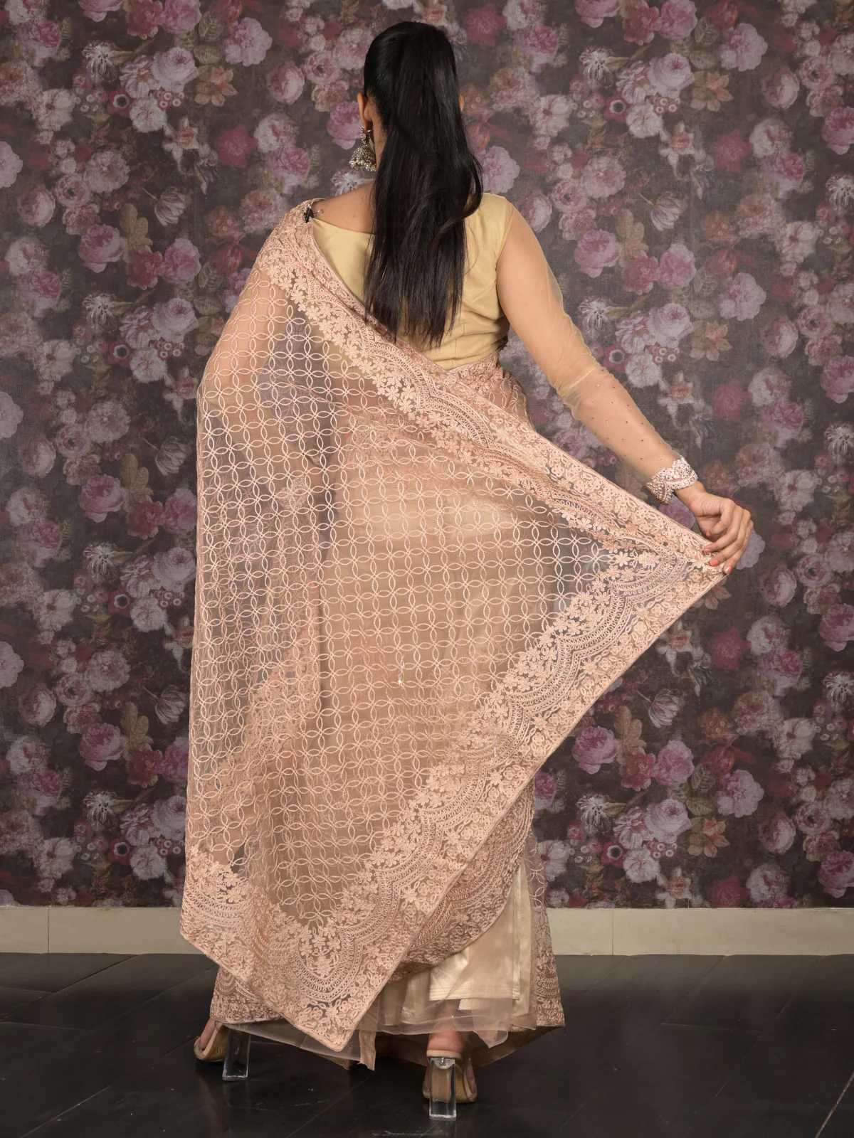 Odette Beige Thread Embroidered Net Saree with Unstitched Blouse for Women - Image 4